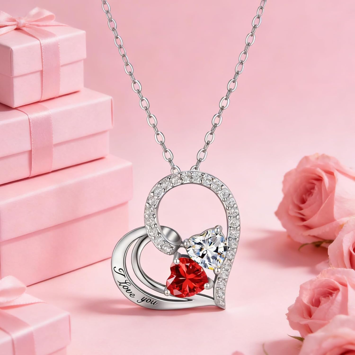 Double Birthstone Heart Necklace 0.8CT Dual-Gemstone S925 Sterling Silver Plated White Gold Engraved I Love You Perfect Anniversary/Valentine's Day Gift for Wife/Girlfriend/Mom/Daughter - Image 4