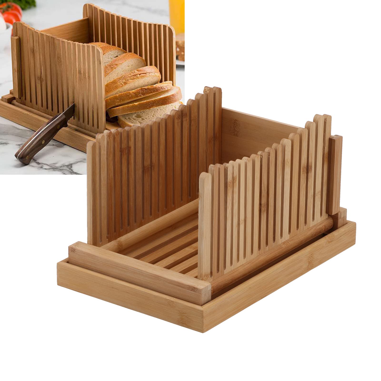 Nikou Cortador de pan, máquina de rebanar tostadas ajustable plegable de ABS, acorde de cocina para pan casero, incluye tabla de cortar pan y guía de rebanado, ideal para panadería casera