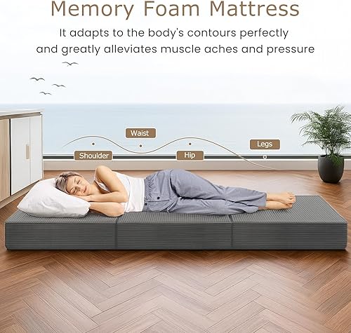Miniatura 8 de Colchón de tres pliegues de 6 pulgadas, tamaño matrimonial, sofá cama plegable con funda extraíble lavable, colchón plegable de espuma viscoelástica