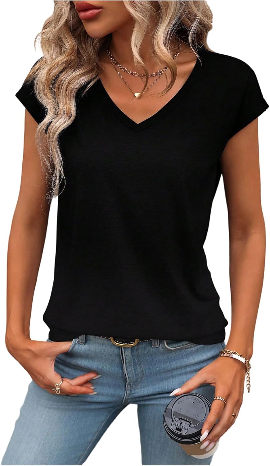 Women's V Neck Cap Sleeve T Shirts Basic Tees Summer Dressy Casual Work Tops