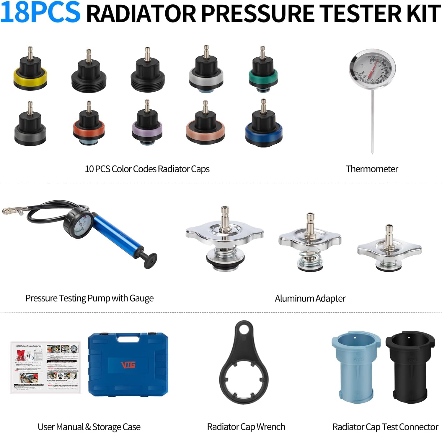 18PCS Coolant Pressure Tester Kit,Radiator Pump Pressure Tester Kit for Automotive Cooling System Water Tank Leakage Detection