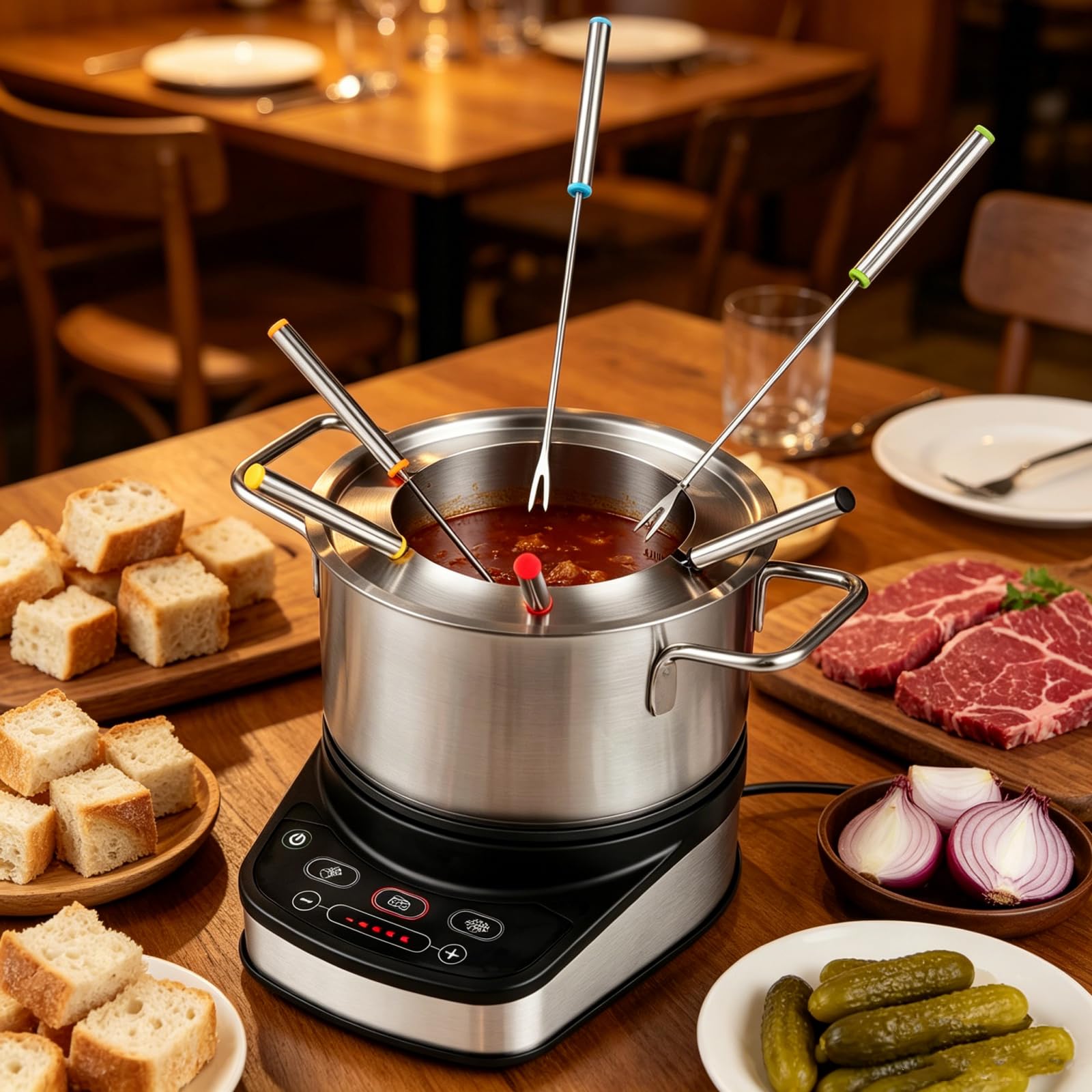 LIFEZEAL Service à Fondue 3L pour 6 Personnes, Appareil à Fondue Électrique 1200W en Acier Inoxydable avec Thermostat Réglable, Base Amovible et 6 Fourchettes, pour Fromage, Chocolat et Bouillon