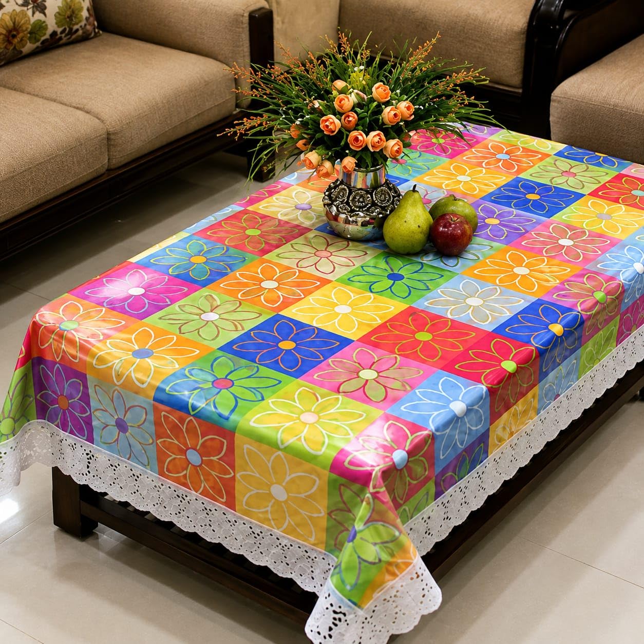 Shreeji Enterprises Multi Floral PVC Plastic Center Table Cover 4 Seater Waterproof & Dustproof Table Protector Sheet Table Cloth Rectangular Center Table Cover with Lace Border 40 x 60 Inch-image-34