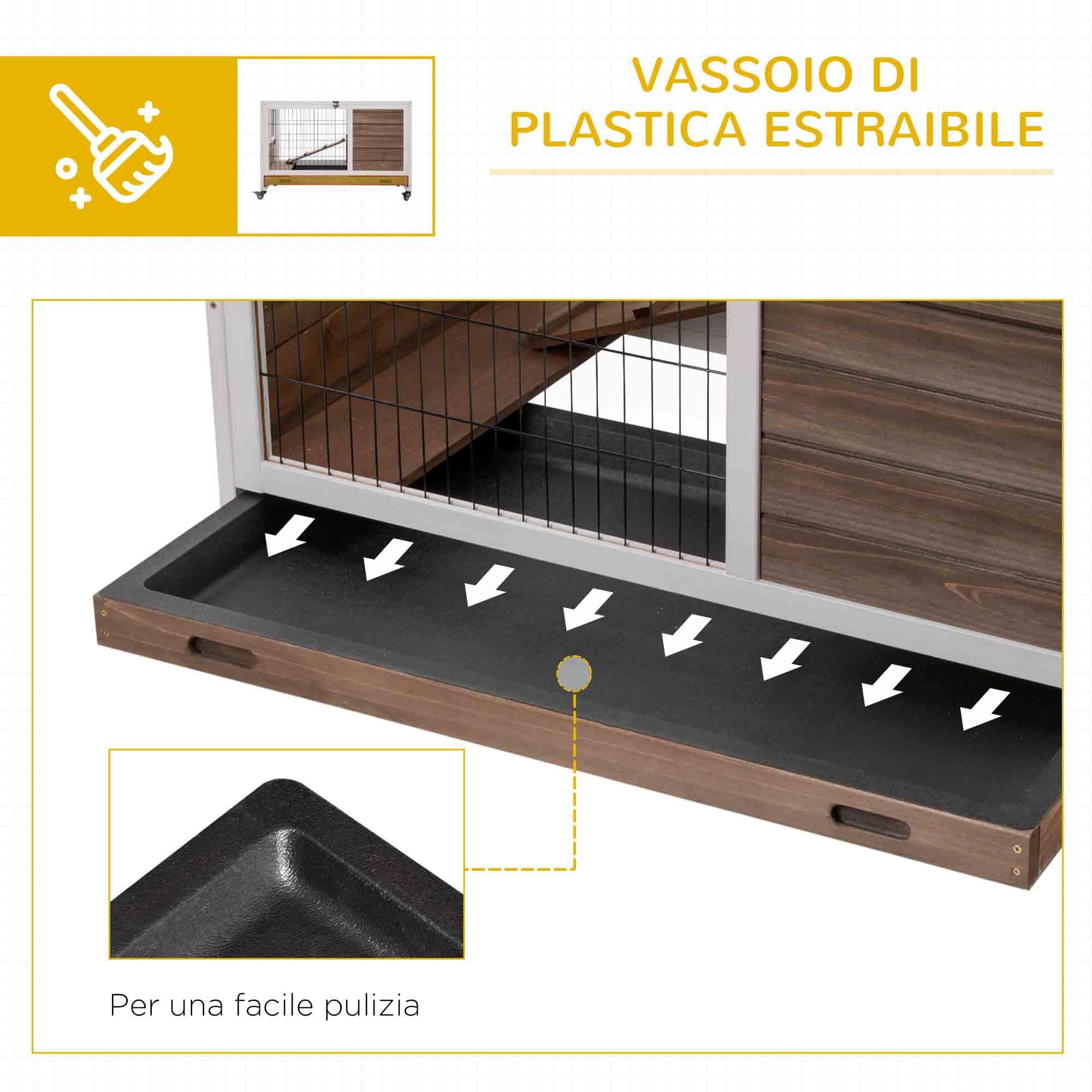 PawHut Gabbietta per Conigli e Porcellini d'India Conigliera con 4 Ruote, Casetta, Rampa e Vassoio Rimovibile, Legno Naturale, Marrone, 90x53x59cm