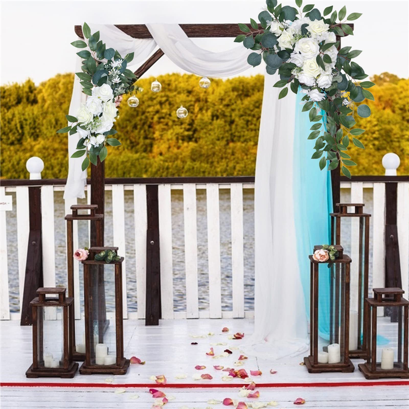 Set mit 2 Blumenbögen, weiße Rose, Pfingstrose, Gypsophila, Türkranz mit grünen Blättern, rustikale künstliche Blumengirlande für Zeremonie und Empfangsdekoration