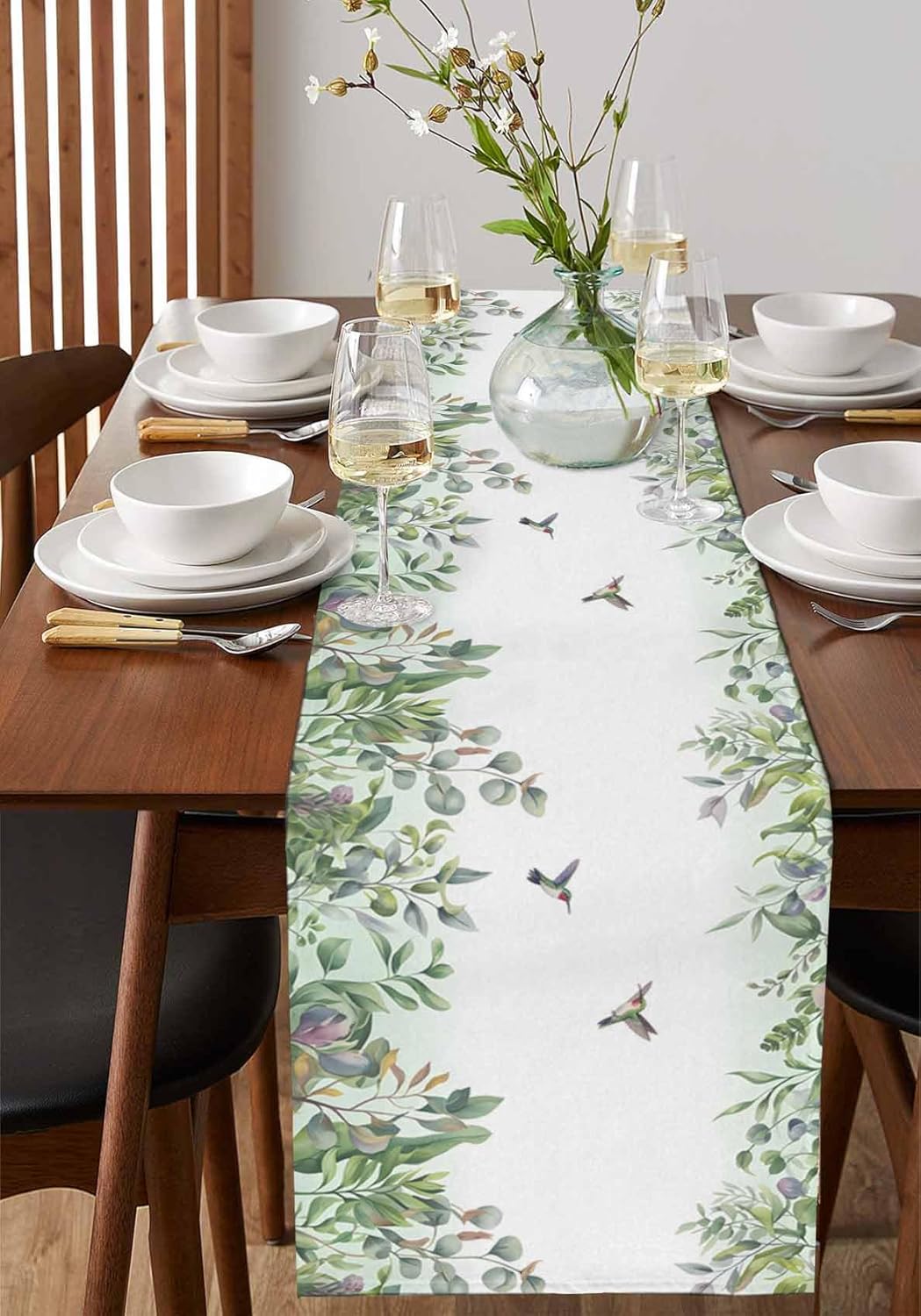 Table Runners-120 Inch Long,Watercolor Eucalyptus Leaf Bird Linen Dresser Scarves Dining Table Runner Sage Green White Tabletop Scarf for Home Kitchen Holiday Party Decor