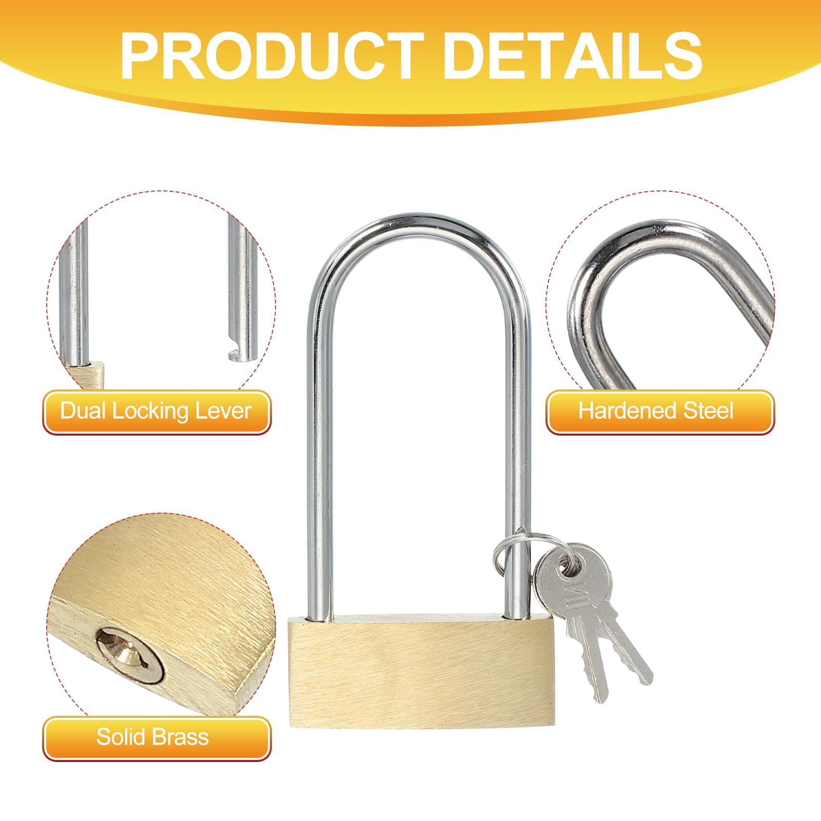 PATIKIL Solid Brass Padlocks 3.8", 2 Pcs Long Shackle Lock Padlock with 2 Keys Weatherproof for Gym Locker Gate Fence Outdoor Indoor - Image 3