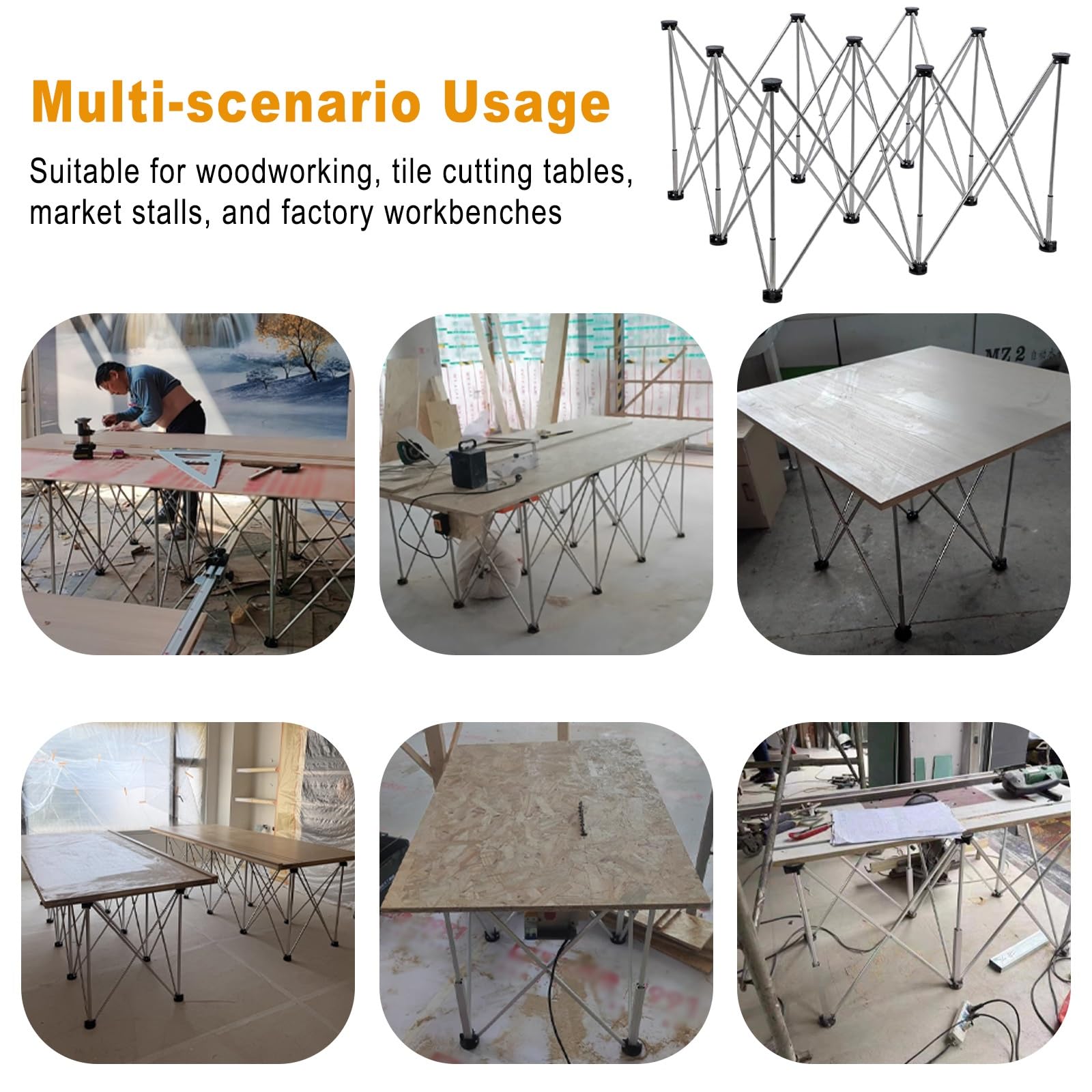 Mesa de trabajo plegable resistente con bolsa de almacenamiento, patas de acero estable, diseño de araña de 6 patas para garaje, taller y proyectos de bricolaje.
