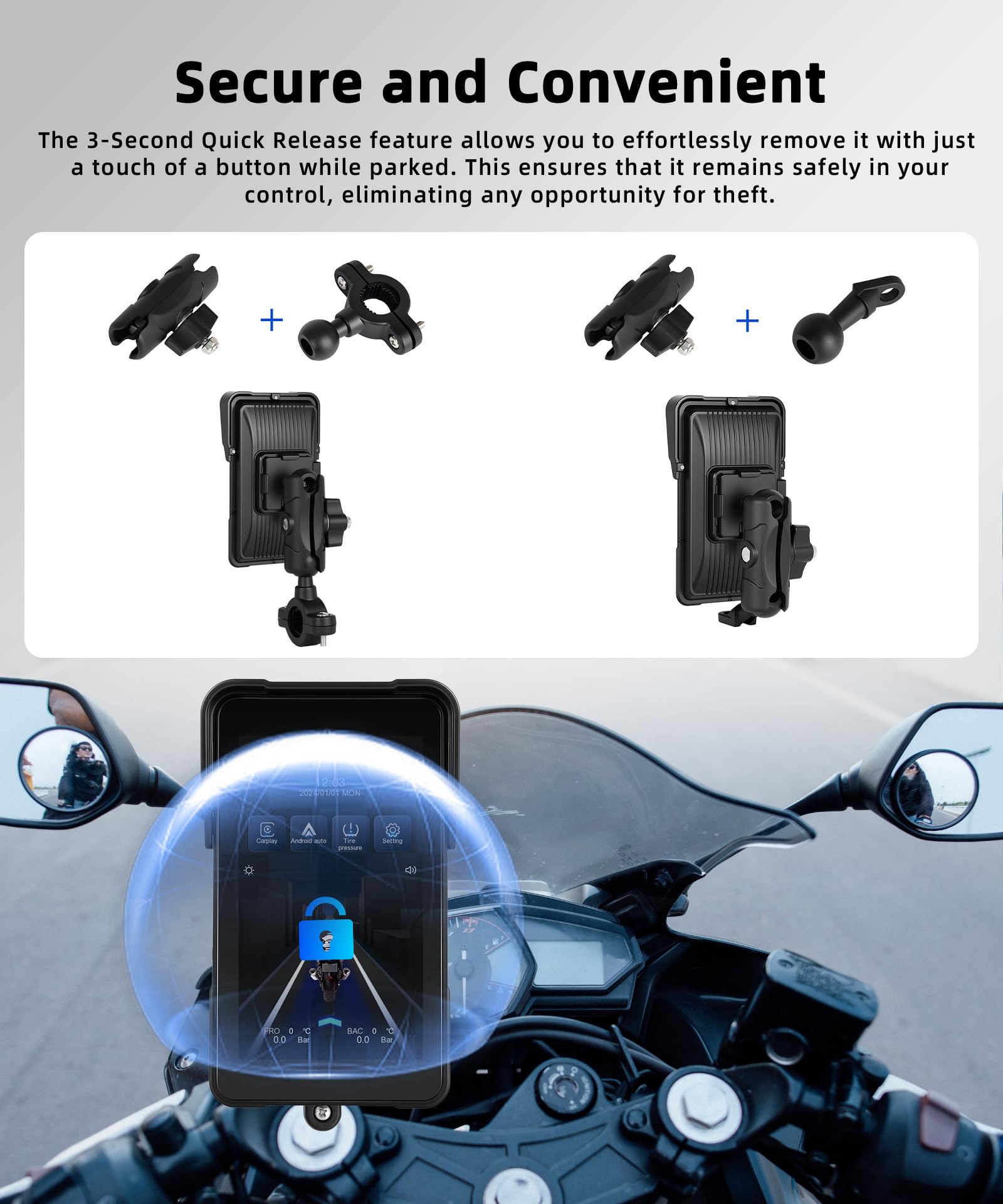 VECHTEL Wireless CarPlay da 5 pollici verticale Schermo per moto CarPlay Android Auto,touchscreen impermeabile Bluetooth,Nav/Assistente Siri/12V,il monitoraggio della pressione dei pneumatici