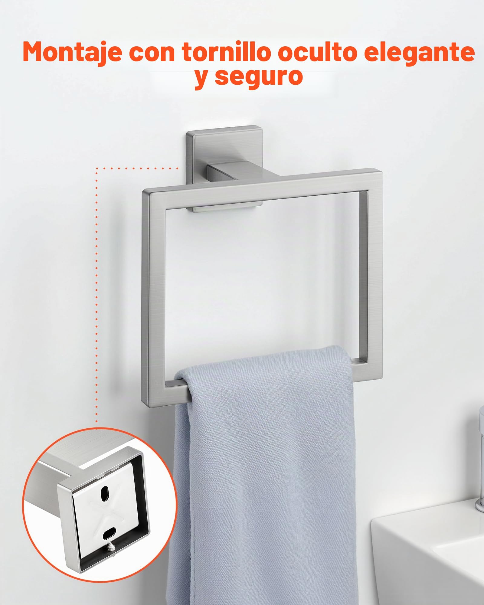 VEVOR Juego de Accesorios de Baño, Acero Inoxidable 304, con Toallero y Toallero Anillo Cuadrado, 2 Ganchos y Portarrollos de Papel Higiénico, para Baño, en Pared, 598 x 50 x 80 mm, Plata, 5 uds