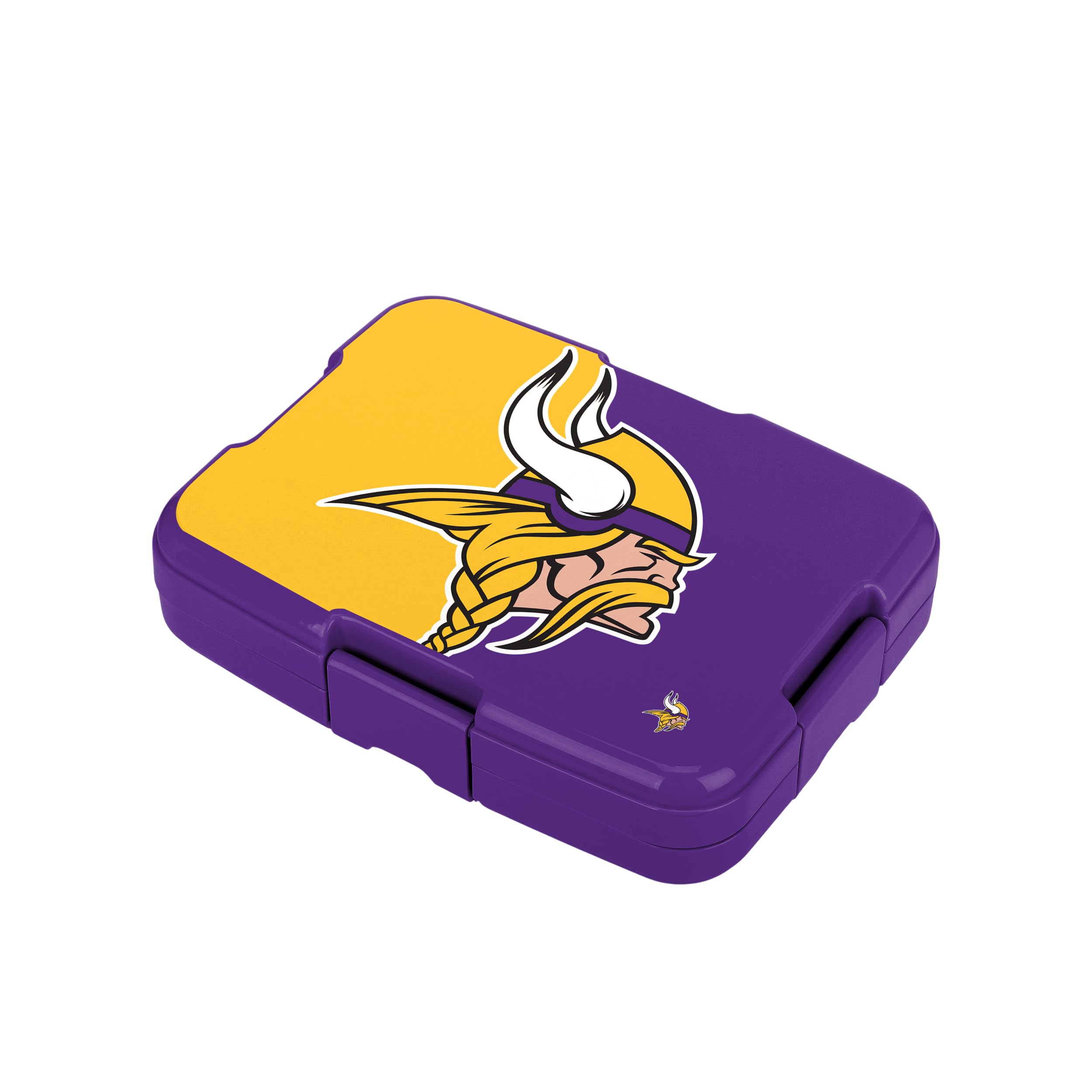 FOCO NFL Bento-Lunchbox für Erwachsene, offizielles Lizenzprodukt, zweifarbig, großes Logo, Fußball-Optik, auslaufsicher, 5 Fächer, Minnesota Vikings