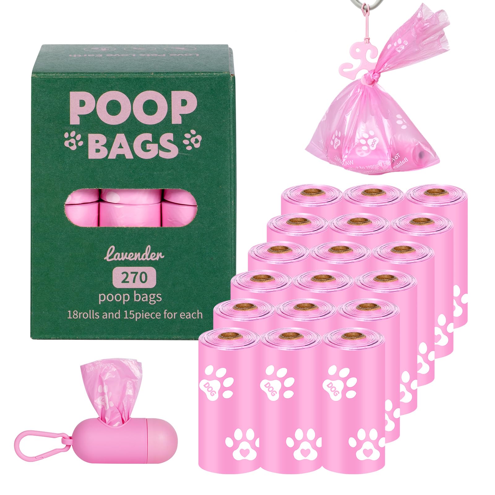 HZDHCLH Dog Poo Bags 270 Count Xtra Thick Strong Leak Proof Pet Poop Bags with Dispenser and Hook Lavender Scented(pink,270 Count)