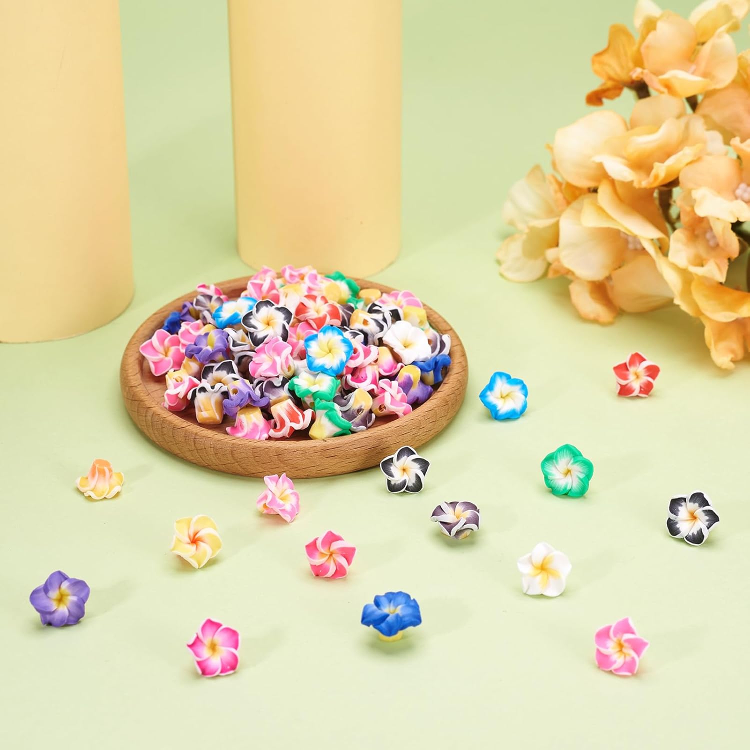 KISSITTY 200pcs 15mm Polymer Clay Flower Beads 3D Plumeria Floral Loose Spacer Beads Charms Bulk with 2mm Holes for Bracelet Necklace Earrings Jewelry Making DIY Crafts Summer Wedding Keychains Hair - Image 4