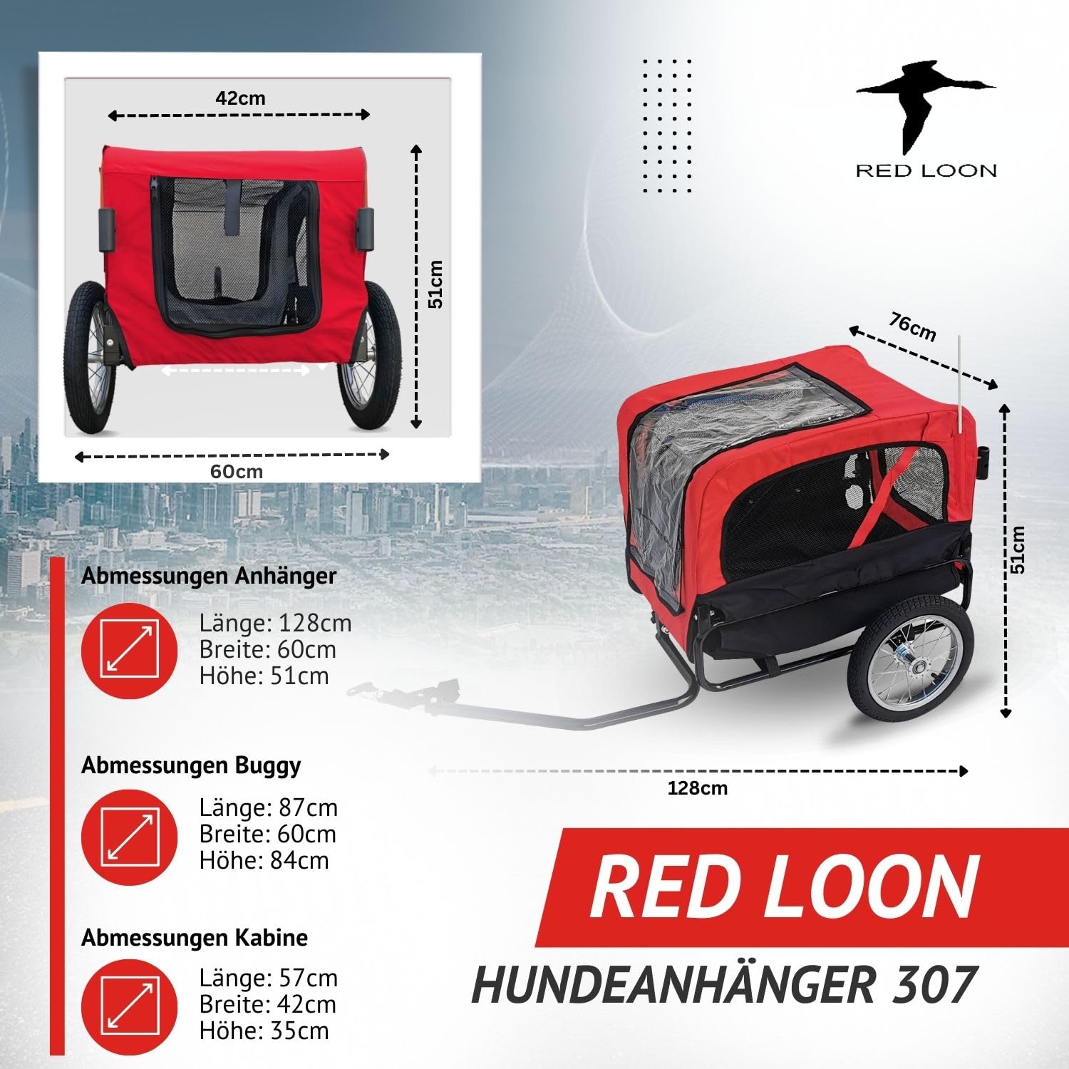 Red Loon Remorque pour chien Mini - Remorque de vélo pour chien Jogger Rouge, Transporteur stable 20kg de capacité, Ensemble de jogging convertible, avec attelage universel et protection contre la