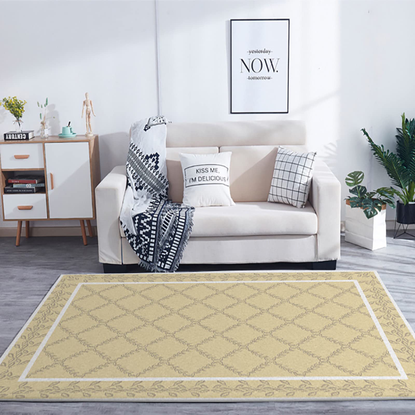 Tapis grand salon 160x230 cm à motif carré géométrique rétro jaune