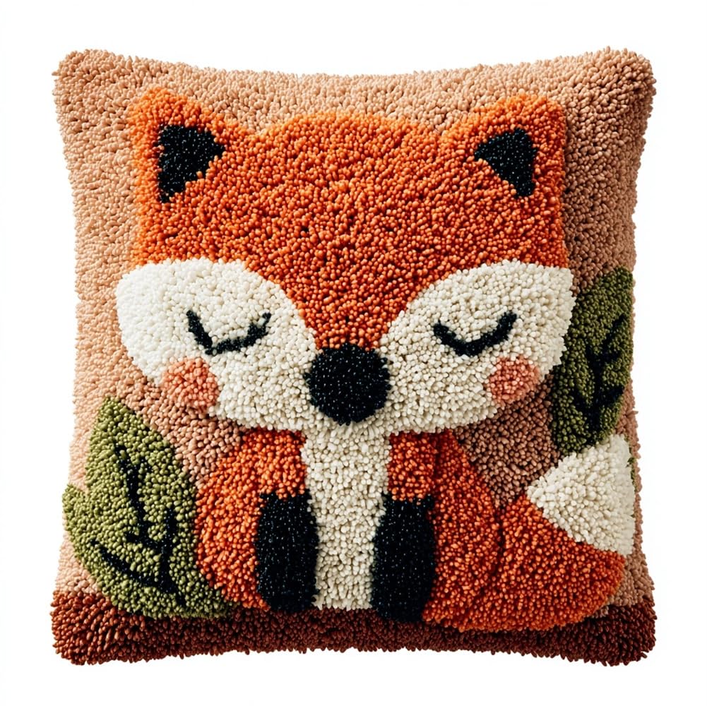kitphoenix Latch Hook Kits Make Your Own Cushion,Fox Pattern 17X17Inch Pre-Printed Canvas Crochet Pillow Case Latch Hook Cushion Cover Hobby & Crafts