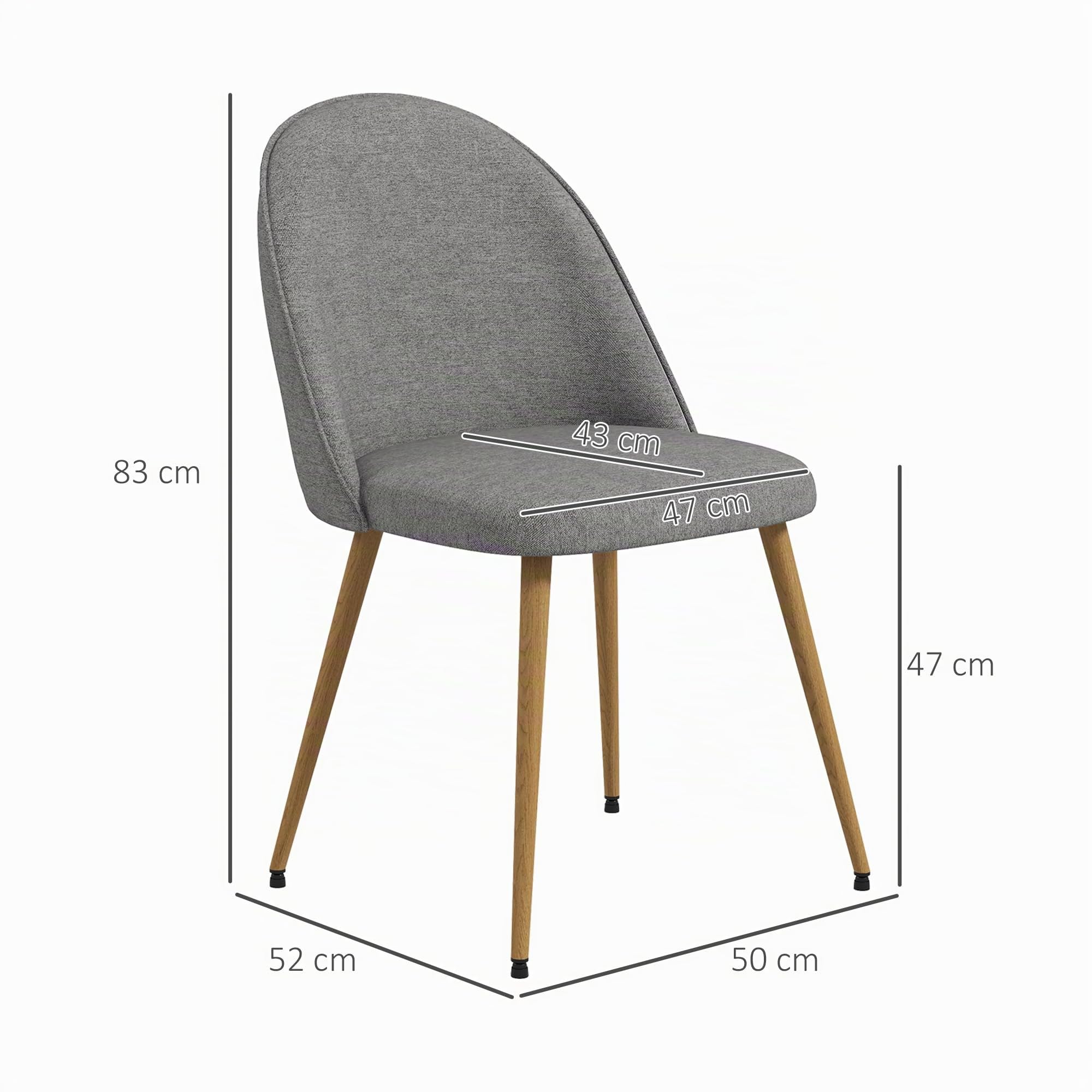 HOMCOM Sillas de Comedor Tapizadas para Salón 2 Pack 50x52x83 cm Gris | Sillas de Cocina, Tela de Lino, Patas de Acero, Dormitorio, Carga 120 kg