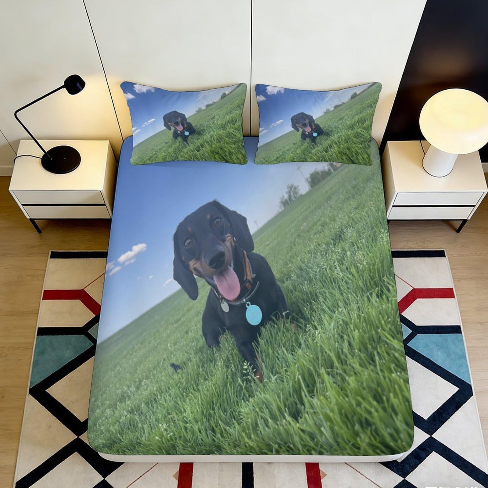 3D Printed Dachshund Dog Fitted Sheet Microfiber Decorative Grass Field Mattress Cover Non-slip for Bedroom Guestroom Washable 200x200x25cm
