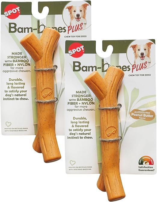 SPOT by Ethical Products 6in Bambone Branch Shaped Peanut Butter Flavored Dog Bone Bundle - Interactive Anti Anxiety Chew Toys for Aggressive Chewers - Durable Pet Toys for Dental Health - Small, 2Pk