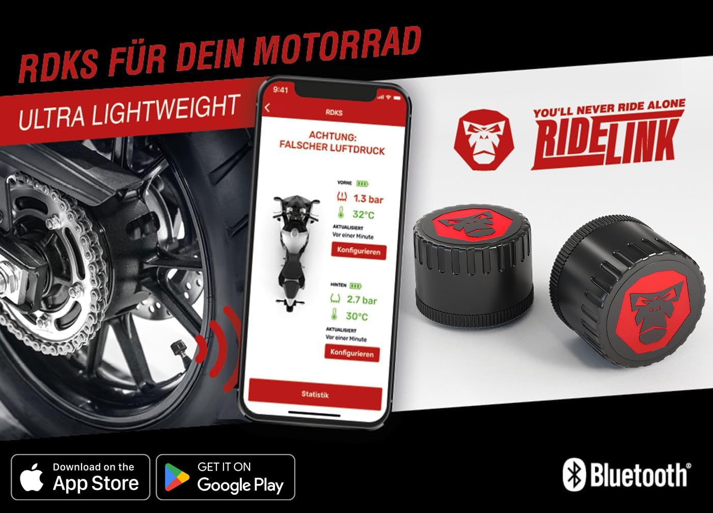 RDKS Sensoren - Präzises Reifentemperatur- und Reifendruckkontrollsystem Motorrad, 2 x TPMS Reifendrucksensor 3,5" Ventil, Bluetooth 5.0, Navigation, Tracking, Routenplanung, Made in Germany | Spezifikationen: Bluetooth: v5.0