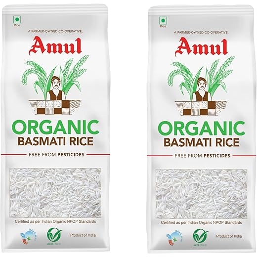 Amul Organic Basmati Rice Pouch 1Kg (Pack Of 2) | Fluffy Long Grains | Perfect for Pulao, Biryani and Fried Rice | For Everyday Consumption