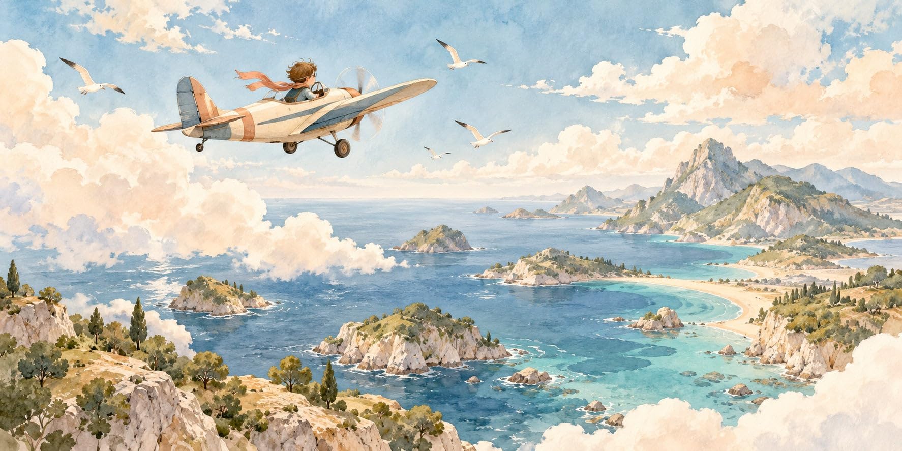 MOOGCO Küstenentdecker Fototapete, Wandbild zum Abziehen und Aufkleben für das Kinderzimmer, Aquarell Flugzeug am Himmel Tapete für das Babyzimmer, 120 x 100 in