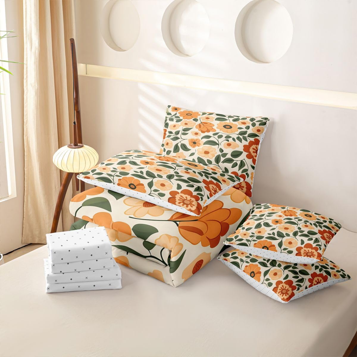Loussiesd Juego completo de ropa de cama de 7 piezas, diseño floral, tamaño King, color verde, rojo y amarillo, incluye funda de edredón, sábanas, fundas de almohada, fundas de cojín