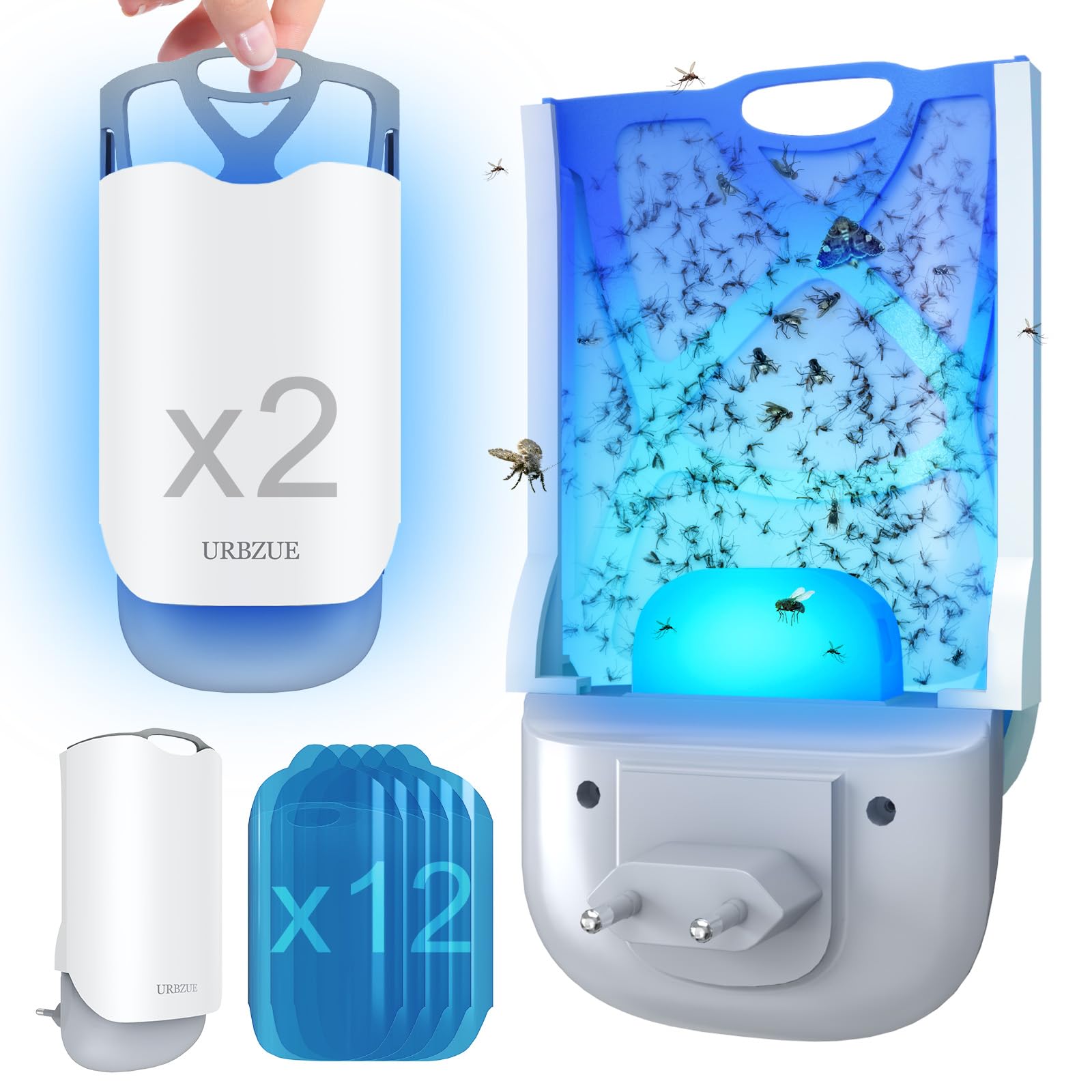 URBZUE Fliegenfalle, Indoor Fruchtfliegenfalle, Anti-Moskito-Lampe mit Nacht UV-Licht, Mückenstecker, Steckdosen-Fliegenfalle für Fruchtfliegen und Stubenfliegen