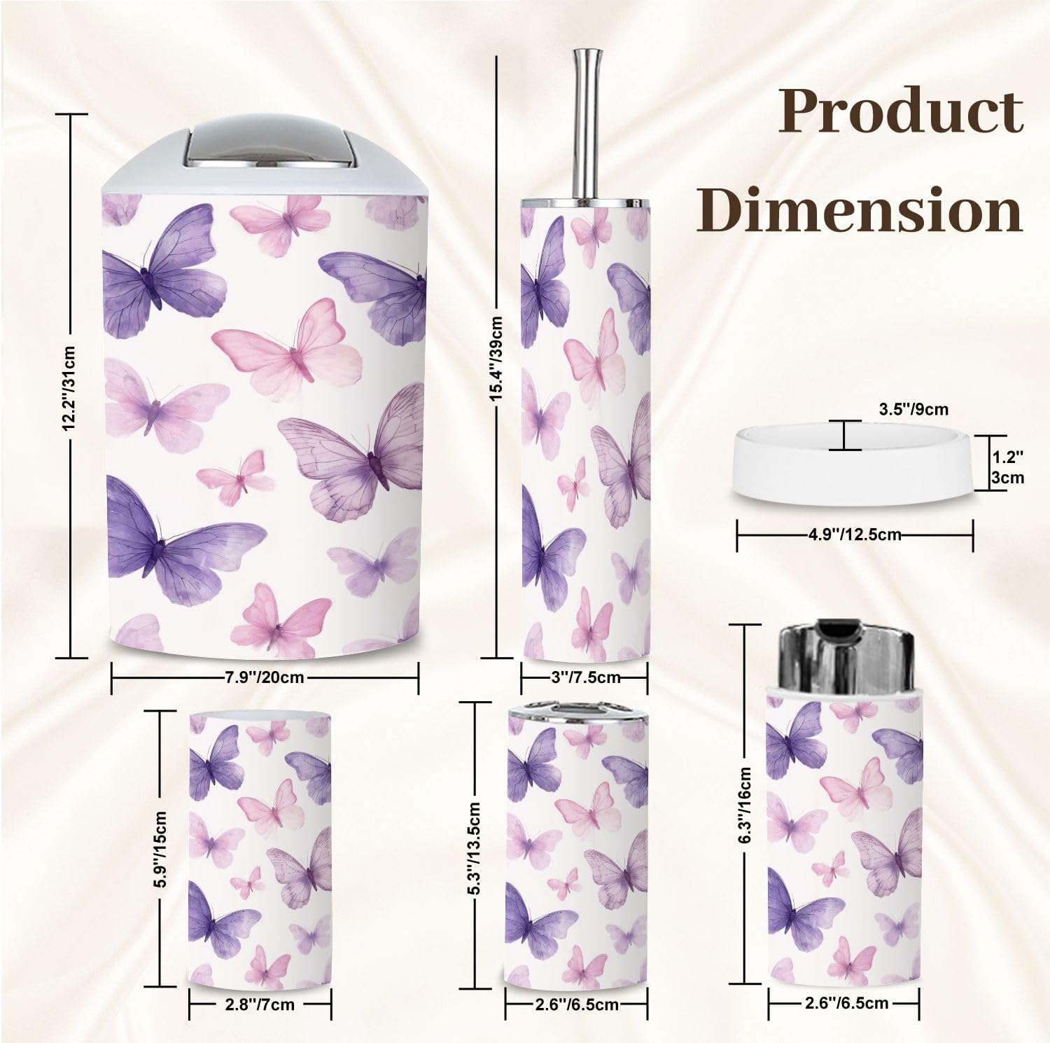 Bathroom Accessory Set 6 Piece Pastel Pink Butterfly Seamless Repeat Cute Butterfly Toothbrush Cup Toothbrush Holder Soap Dispenser Soap Dish Trash Can with Lid Toilet Brush Holder Counter Decor