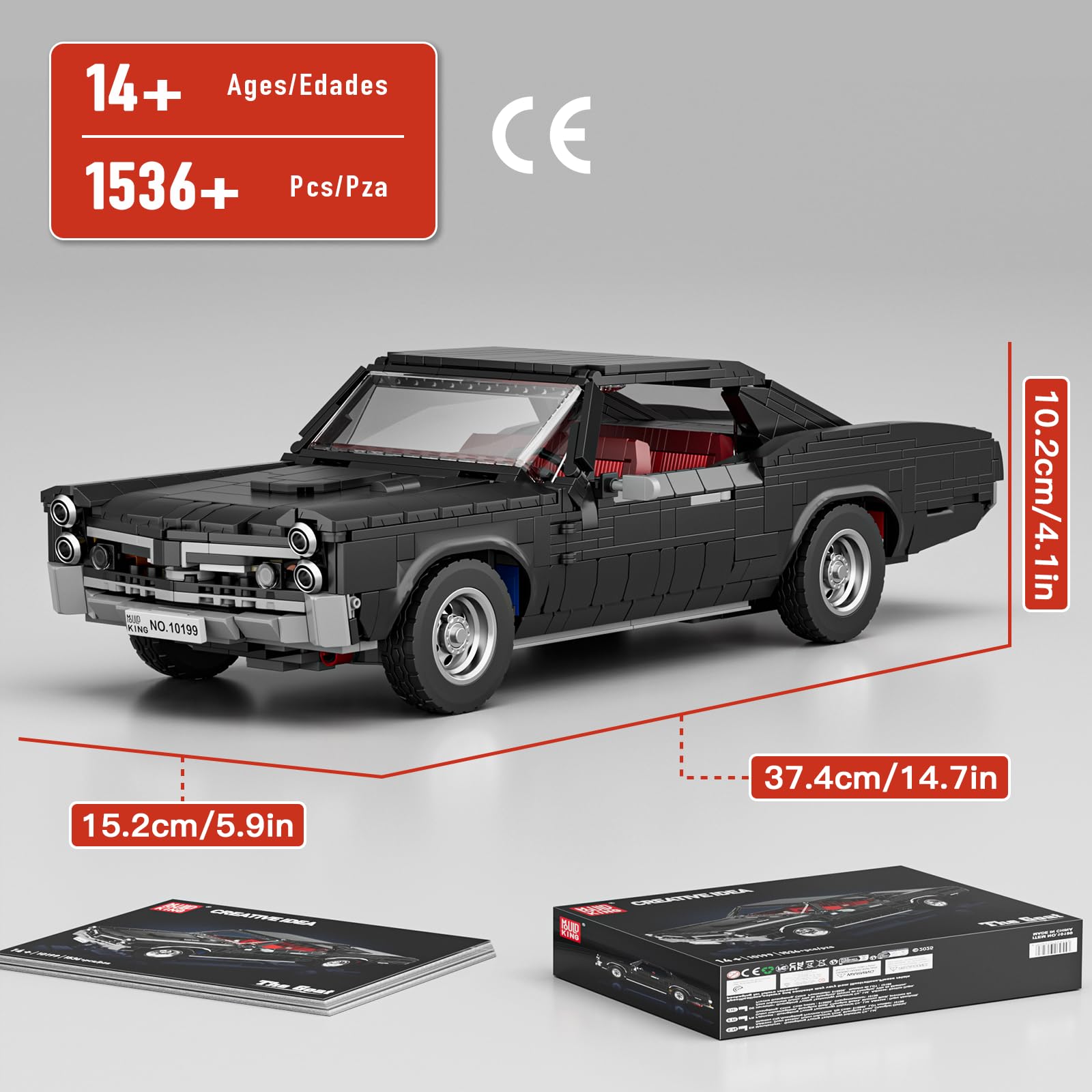 Mould King 10199 Technik Sportwagen Bausteine GTO Rennauto Klemmbausteine Klassischer Amerikanischer Muscle-Car Modellauto für Jungen und Erwachsene(1563 Teile)