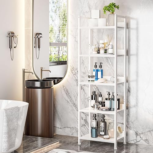 Miniatura 7 de Furologee Juego de mesitas de noche blancas de 2 y 5 niveles con cajón, mesa auxiliar pequeña para espacios pequeños, estantería alta y estrecha con