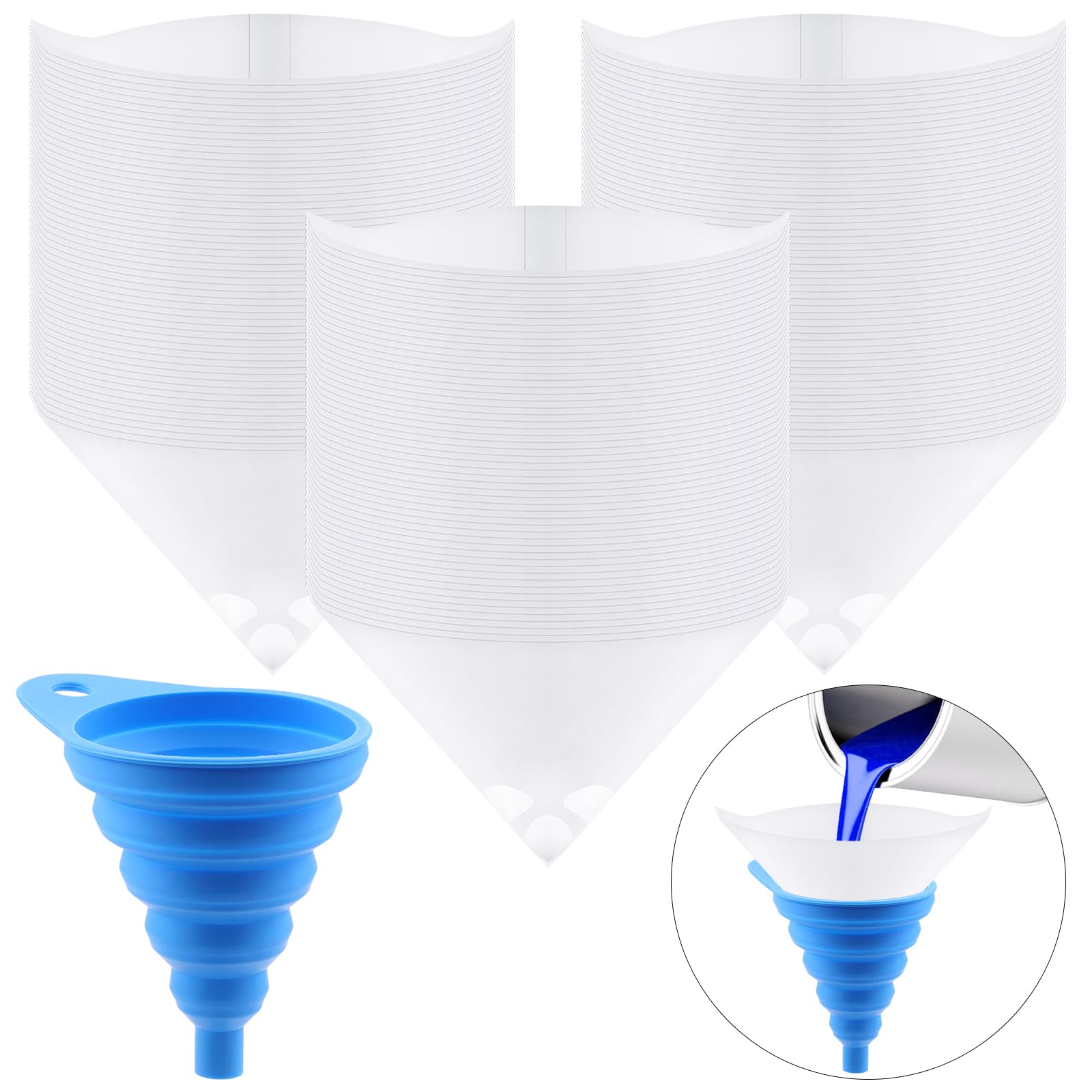 Glarks 101 Pack 100 Micron Paint Strainers Cone Paint Filter with Blue Silicone Funnel, Premium Disposable Filter Tip Cone Shaped Nylon Mesh Funnel for Automotive, Spray Guns, House