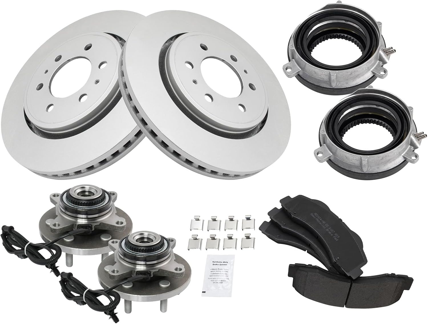 TRQ Front Brake Pad & Rotor Kit Auto-Locking Hub Actuator Brake Pads Brake Rotor Wheel Hub Bearing Assembly Semi-Metallic Premium G-Coated Compatible with 2015-2017 Ford F-150