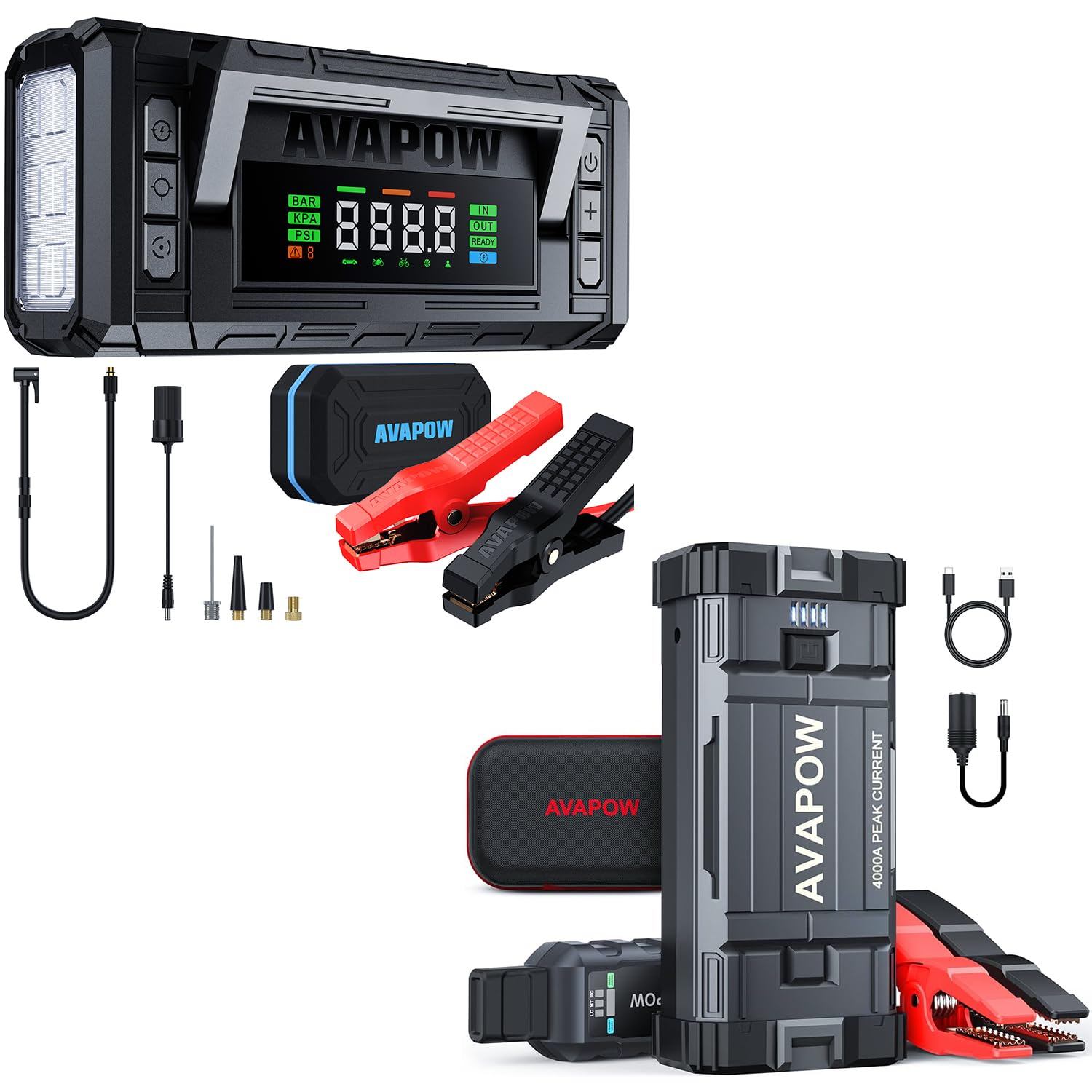 AVAPOW 5000A 150PSI Jump Starter Whit Air Compressor with 4 HD Display AVAPOW Car Jump Starter 4000A Peak
