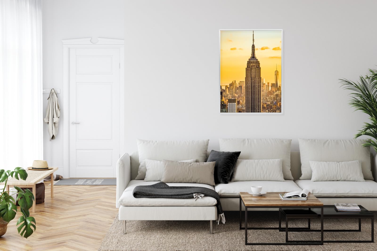 WALLERO Poster New York Top of the Rock al tramonto con Cornice in Alluminio Argentata – Decorazione Moderna da Parete e Stampa Artistica | Decorazione per Soggiorno, Camera da Letto 30x40