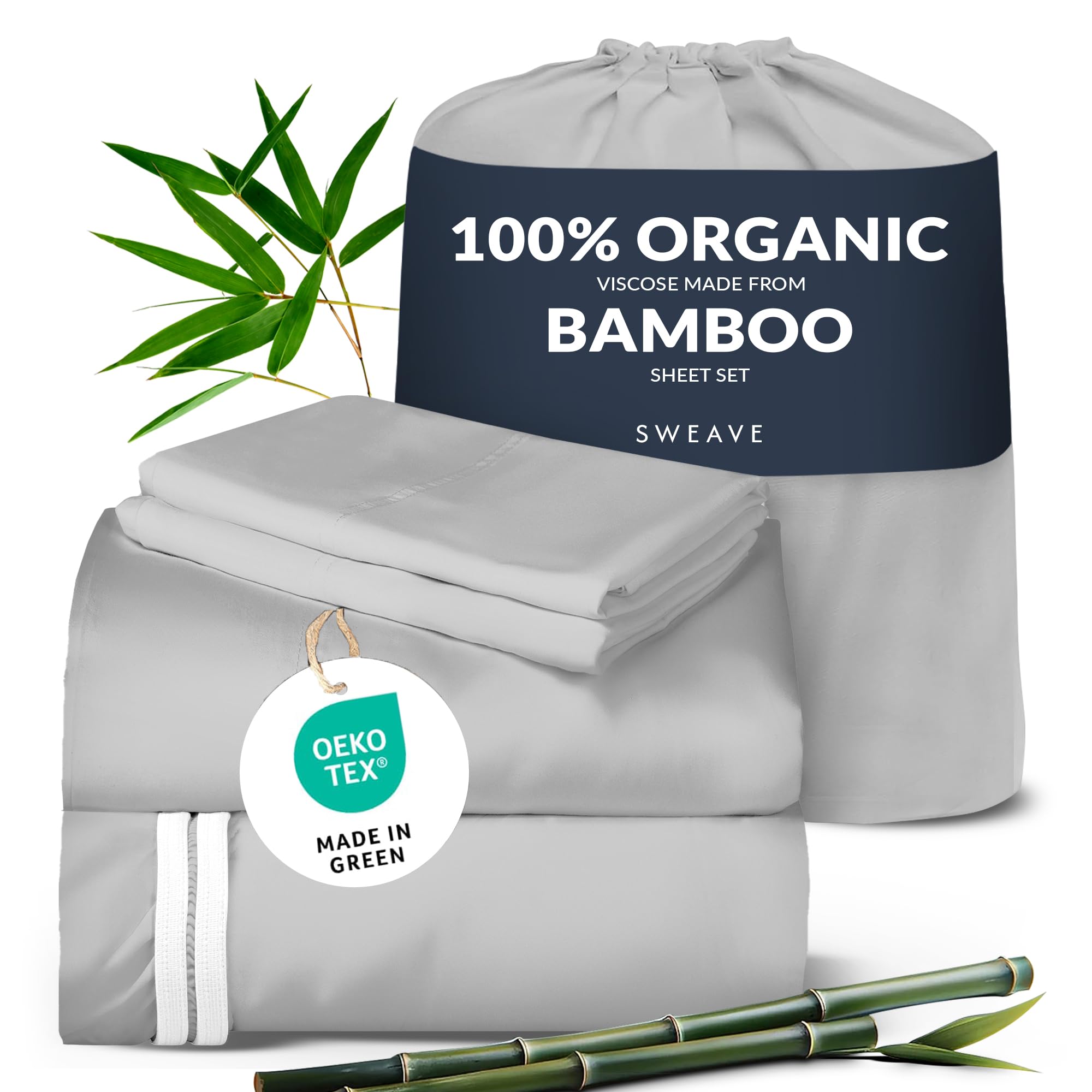 100% Organic Viscose Derived from Bamboo Queen Sheet Set - The Only Sheets with 100% Pure Viscose & No Blend - Luxuriously Soft, Breathable & Naturally Cooling - Ideal for Sensitive Skin - Light Grey
