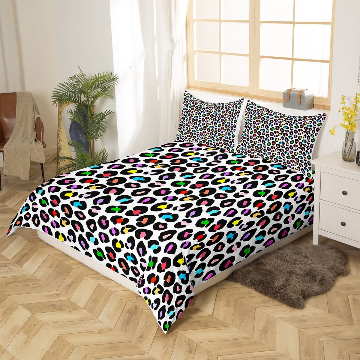 Erosebridal White Leopard Duvet Cover Full Rainbow Cheetah Print Bedding Set for Kids Girls Cute Kawaii Comforter Cover Woodland Animal Printed Bedding All-Season Quilt Cover (No Comforter)