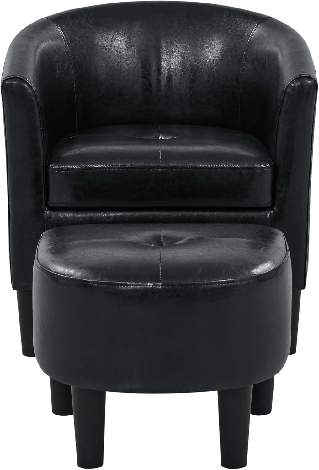 Accent Arm Chair,PU Leather Barrel Chair and Ottoman Set for Living Room (Black)