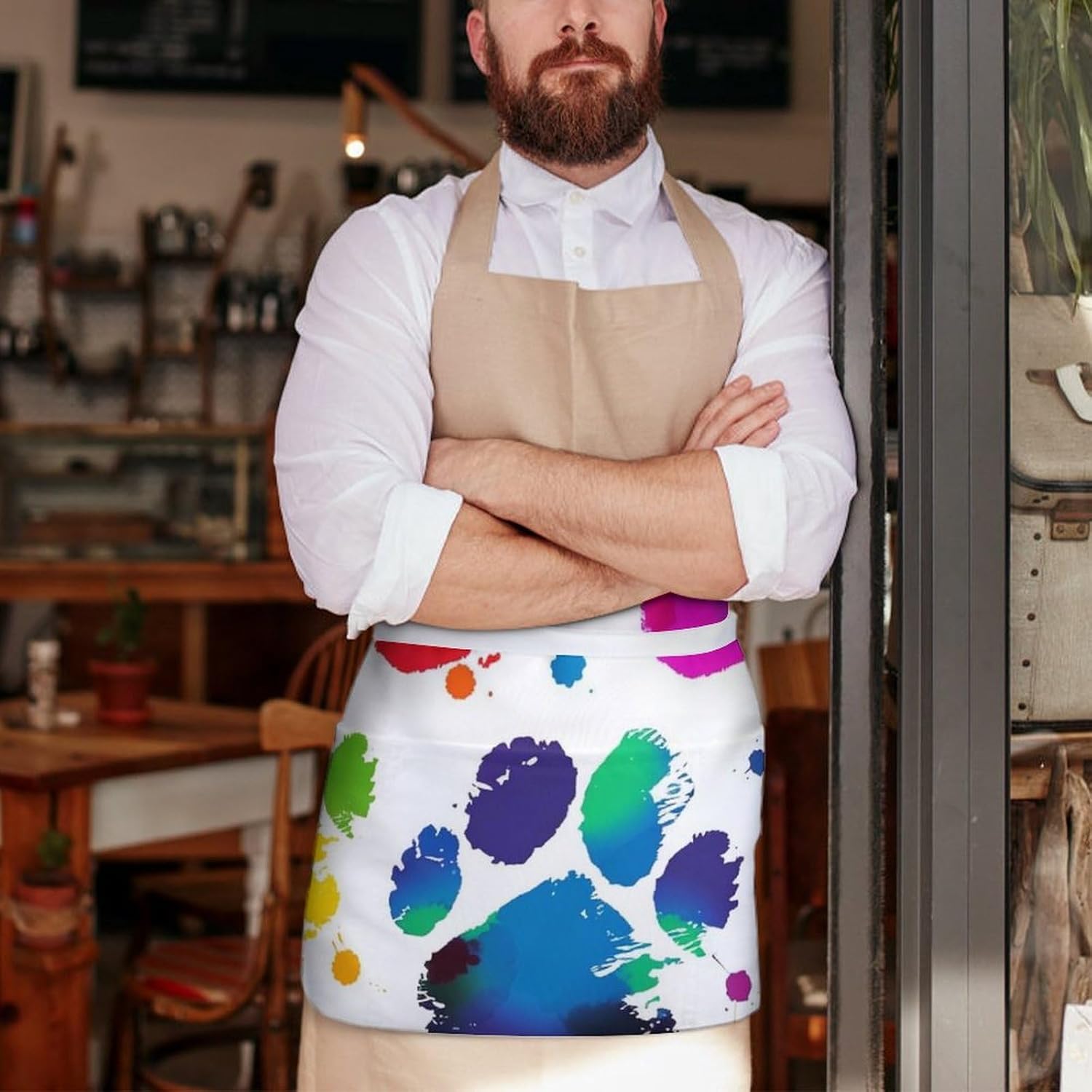 Short Half Waist Apron, Colorful Dog Paw Print Printed Server Aprons Oil And Water Resistant Half Waist Apron with for Women Men