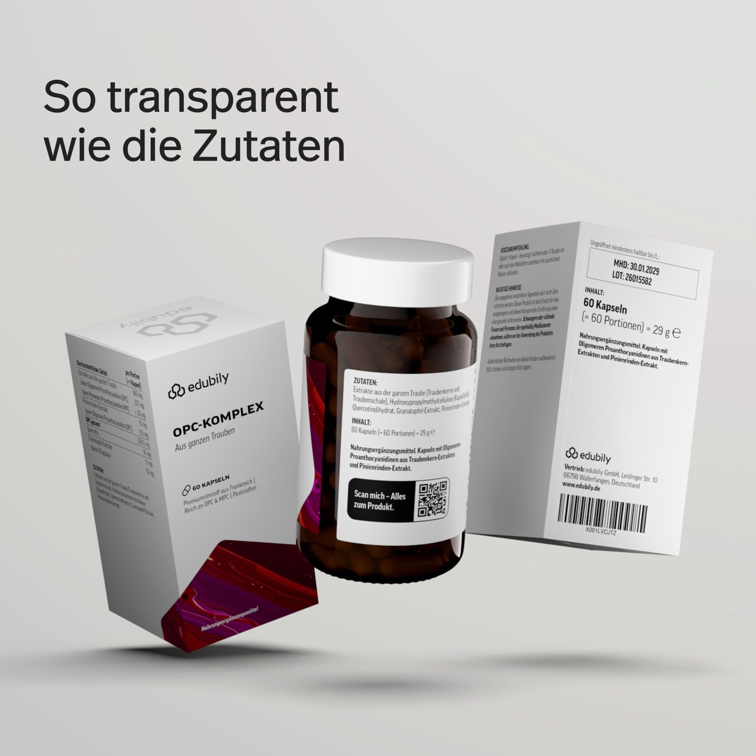 edubily® OPC-Komplex aus französischen Trauben - besonders reich an OPC und MPC - Laborgeprüft - Im Braunglas (60 Kapseln)