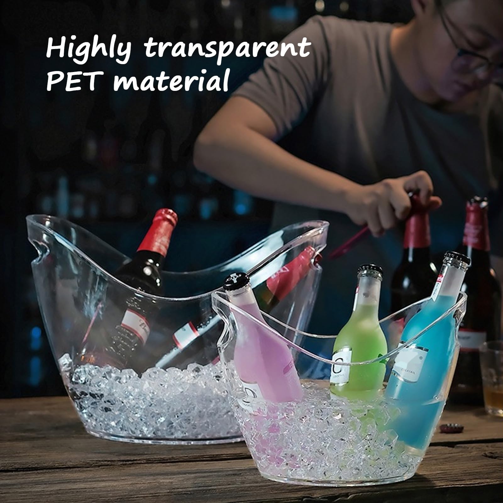 Cubo de hielo transparente de plástico PET de 4 L, 8 L, 12 L, para vino, cerveza, bebidas, perfecto para fiestas, eventos y celebraciones, ligero y elegante