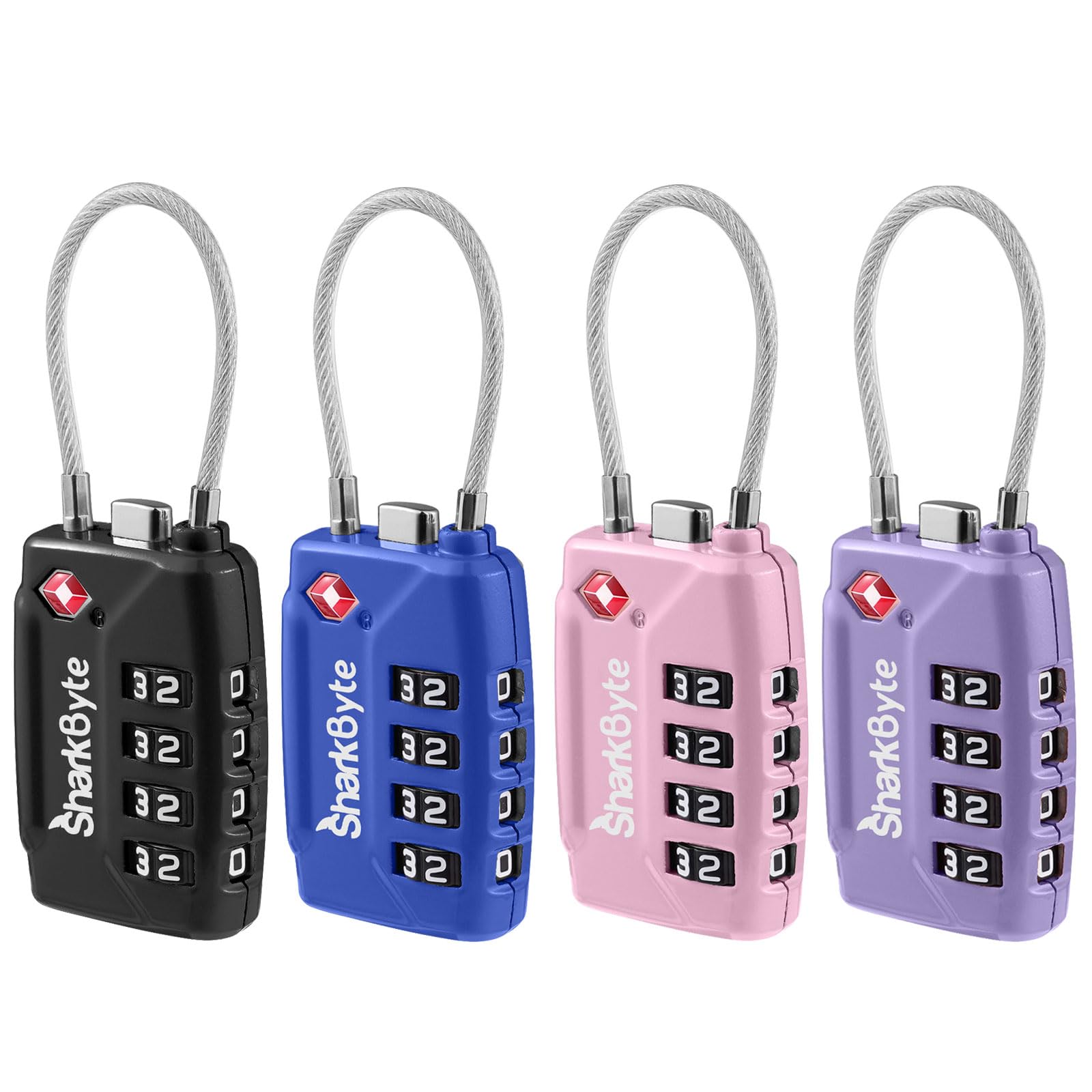 SharkByte TSA Approved Suitcase Locks - 4-Dial Security Travel Combination Padlock, Flexible Cable Wire Travel Lock for Suitcases, Luggage locks, Case Travel Bag Gym Locker Code Small PadLock (4 Pack)
