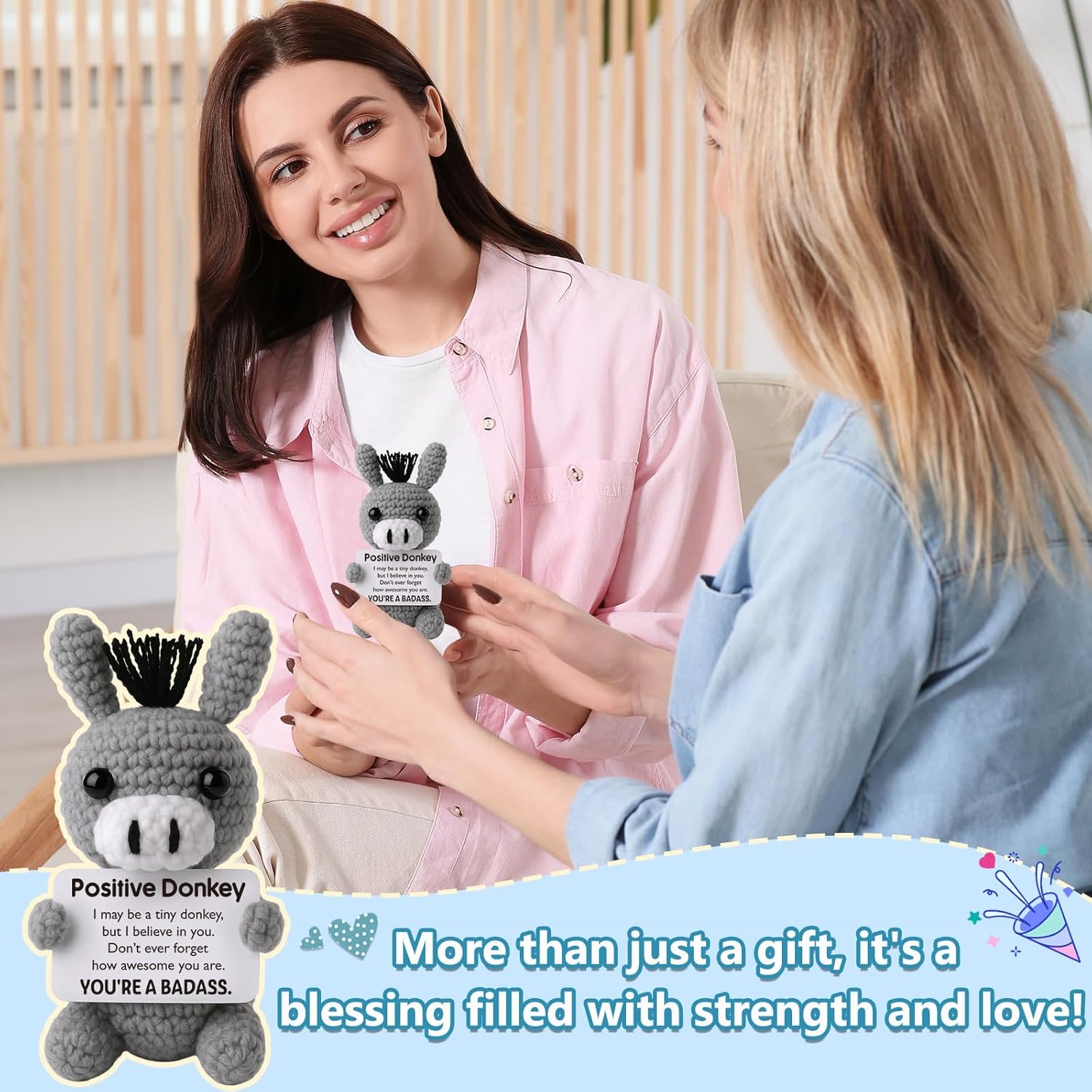 Birthday Gifts for Women Badass, Positive Daily Affirmation Crochet Donkey - Holiday Easter Basket Stuffer - Cute Valentines Emotional Worry Support for Best Friends, Coworkers - Image 2