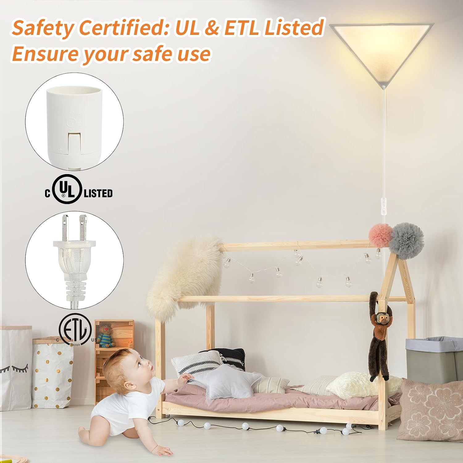 Condition photo showing New/Like New for easy installation corner light with linen shade, 2 pack corner lights for living room, space-saving plug in ceiling light with switch, modern apartment lighting for bedroom, office, study