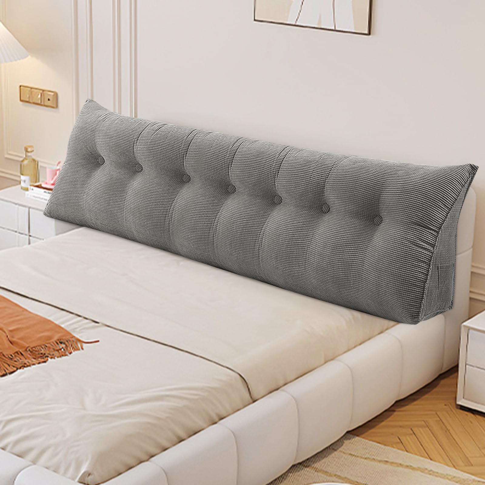 OHMG 120/140/160/180/200 cm Rückenkissen, geeignet für Bett und Sofa, Lendenkissen, Lesekissen, Kissen mit abnehmbarem Nackenband und waschbarem Bezug, praktische Seitentasche (Grau, 200CM)