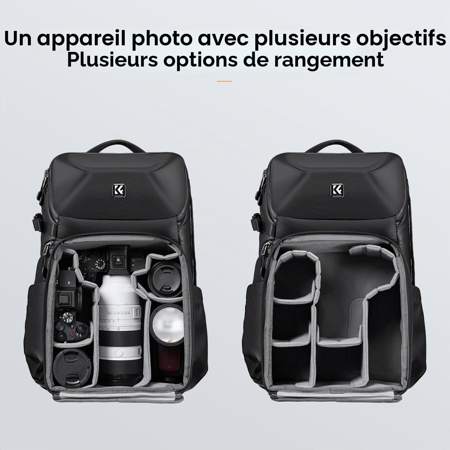K&F CONCEPT Sac à Dos pour Appareil Photo Reflex étanche Avant Coque Rigide avec Compartiment pour Ordinateur Portable et Sangle pour trépied, Sac pour DSLR Objectif SLR Accessoires
