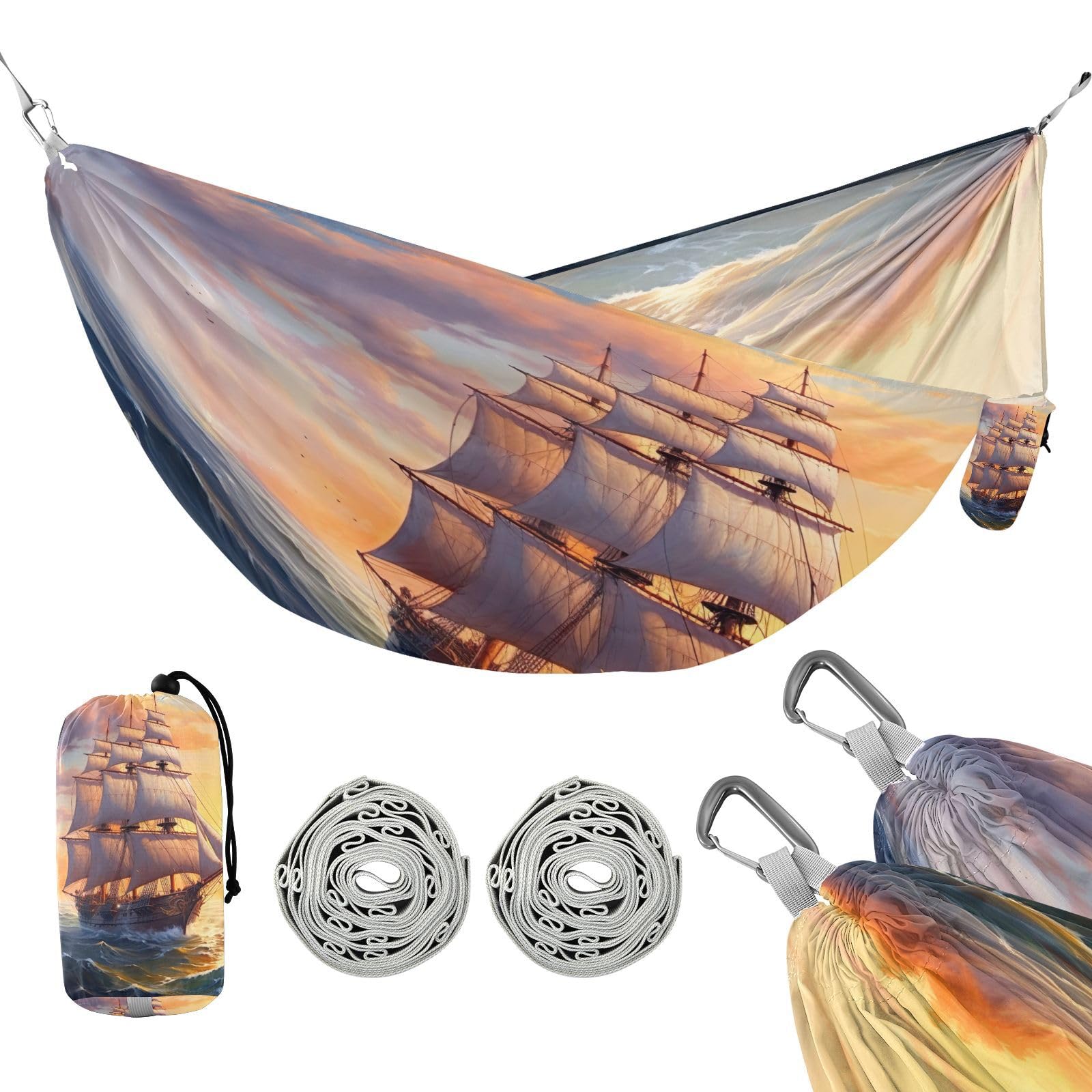 SDMKA Old Sailing Ship Camping Hammock, 330 lbs with 2 Tree Straps, Carry Bag, Single Portable Hammock for Outdoor/Indoor, Hiking, Beach, Backpacking, Travel