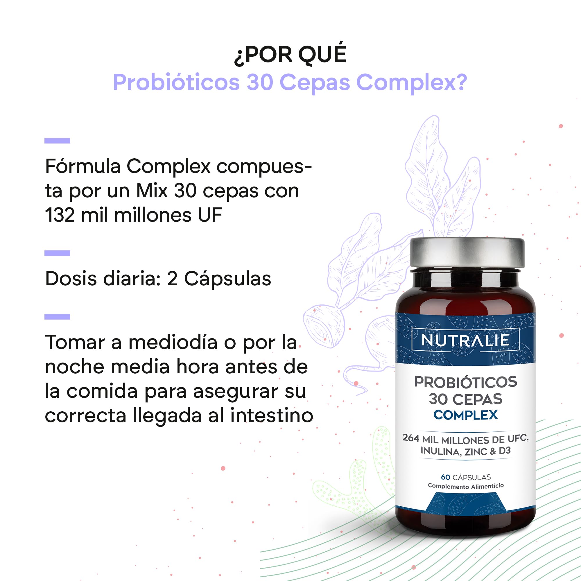 Probioticos y Prebioticos Intestinales 30 Cepas - 264 Mil Millones de UFC por Dosis - Biprotics 30 Cepas Complex 60 Cápsulas Nutralie
