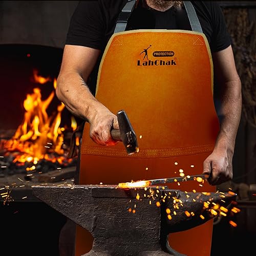 Miniatura 8 de Delantal de cuero para taller de trabajo con bolsillo, correas de hebilla, resistente al calor y a las llamas, delantal de soldadura resistente