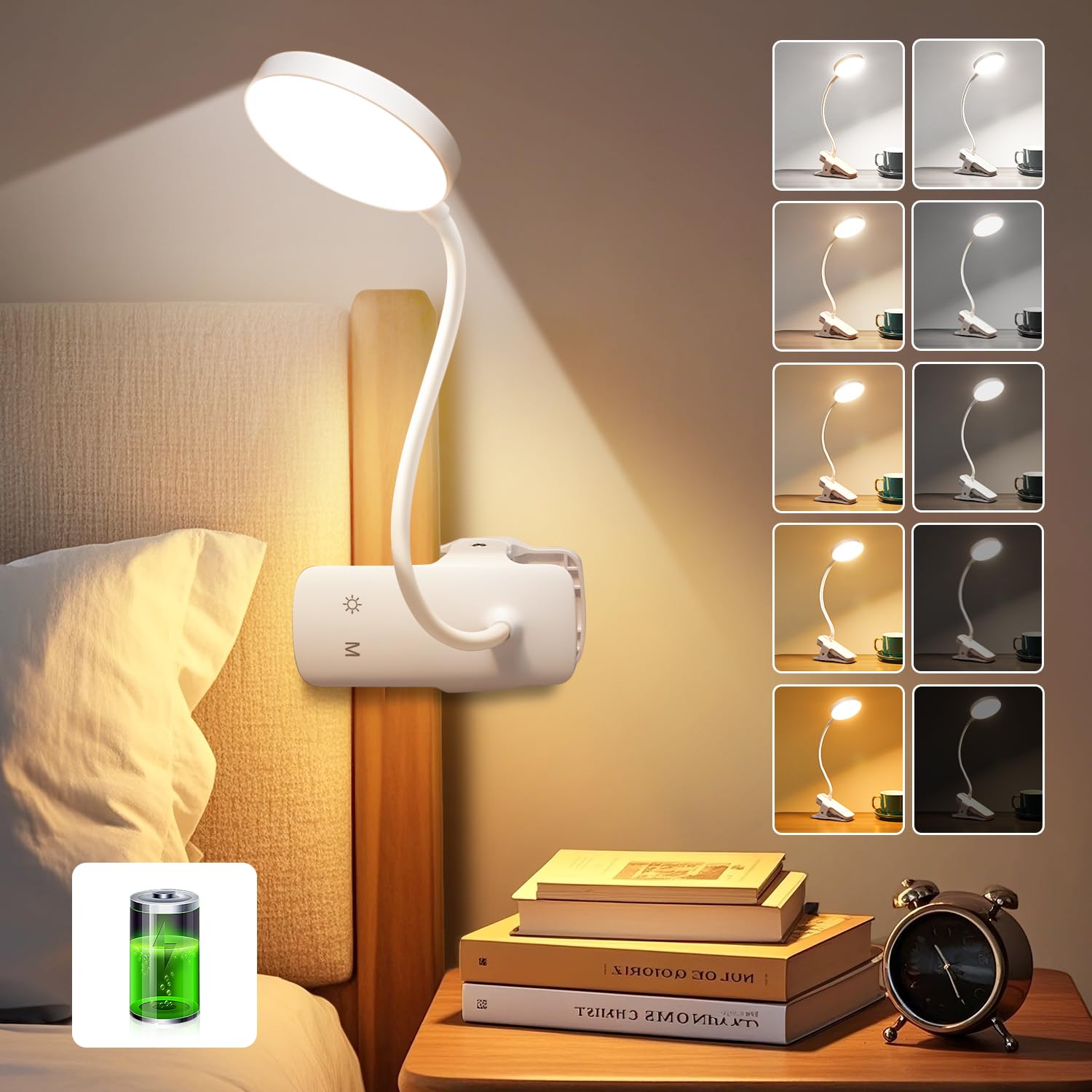 One Fire Reading Lights for Books in Bed 3600 mAh Rechargeable Lamp, 5 Brightness/5 Colors/Memory Clip on Light